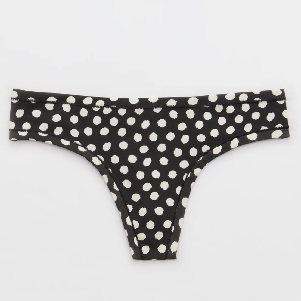 AERIE 🆕 NWT Superchill Cotton Thong Underwear, Black & White Polka Dot, Medium